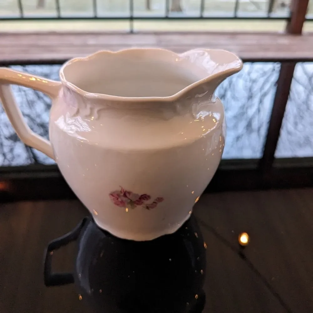 Antique 1800's German Porcelain Pitcher Creamer Floral Black Berry Purple Pink
